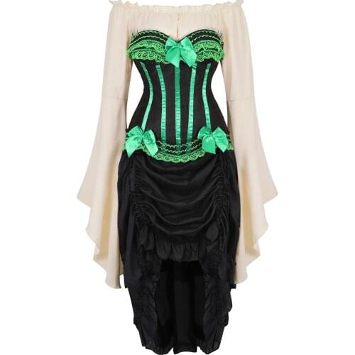 Corset Bustier with Pirate Skirt and Blouse Gothic Striped Zip Push Up Corsetto 3 Piece Carnival Party Cowgirl Costume Steampunk