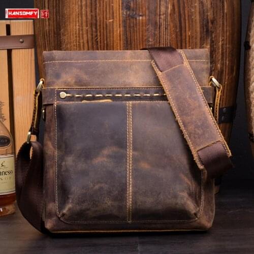Crazy Horse Leather Retro Handmade Messenger Bag Leather Shoulder Bag Men Bag Outdoor Casual Leather Bags