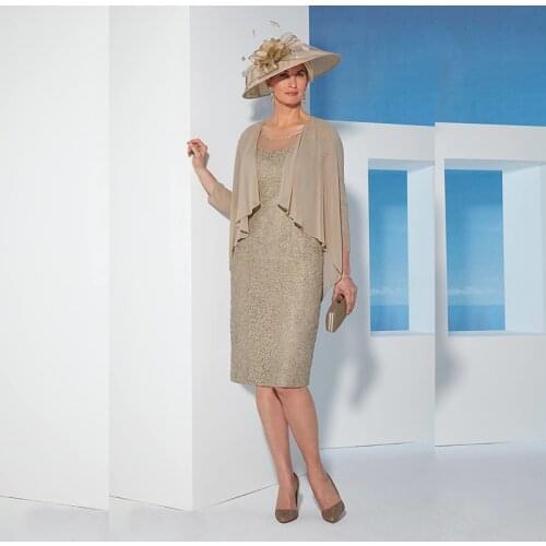 2021 Hot Sale Charming Two Pieces Lace Mother of the Bride Dresses with Shawl Jewel Neck Wedding Party Gowns with 3/4 Sleeves