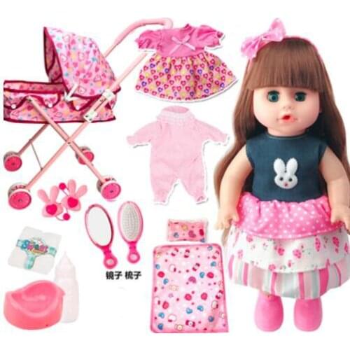 Lovely talking baby vinyl dolls bebe reborn bonecas blinking drinking water peeing girls with Baby Stroller Trolley Nursery set