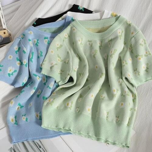 Fashion Pullovers Round Neck Flower Knit Shirt Womens 2021 Summer Retro Korean Slim Short Sleeve Cute Student Causal Crop Tops