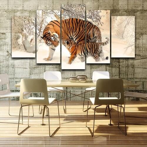Hd Printed Canvas Modular Pictures Poster 5 Pieces Snowing Forest Tigers Animals Wall Art Painting Living Room Home Decoration