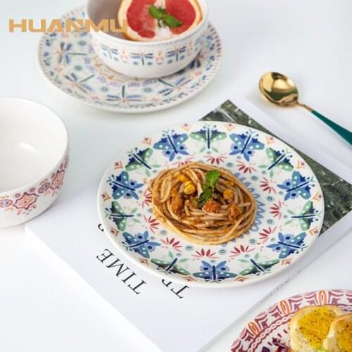 American Flower Series Bowls and Plates Tableware Ceramic Bohemian Style Rice Bowls Soup Bowls Steak Bread Plate Set Tableware