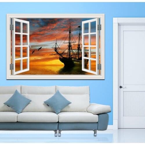 Wall Stickers Sailing Boat On The Sea 3d Window Landscape Top Fashion Sticker Decal Seascape Wallpaper Home Decor High Quality