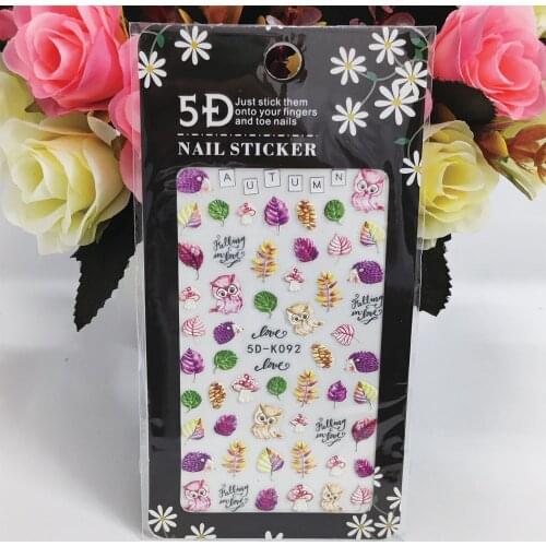 New 5D Nail Stickers Anaglyph Effect Owl Hedgehog Leaf Cute Nail Art Decorations Self Adhesive Manicure Decals Accessories
