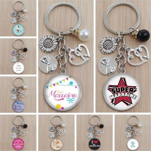 New product hot sale super godmother godfather keychain super hero thank godmother glass pendant keychain jewelry gift