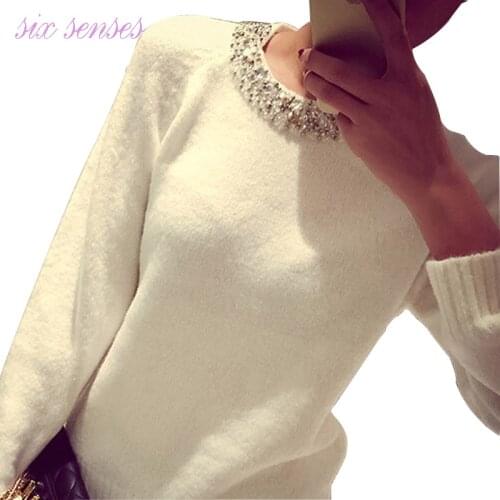 New Fashion Women Pearl Knitted Pullovers Sweater Long Sleeve O-Neck Casual Solid Tops Korean Style Students Sweaters LL1138