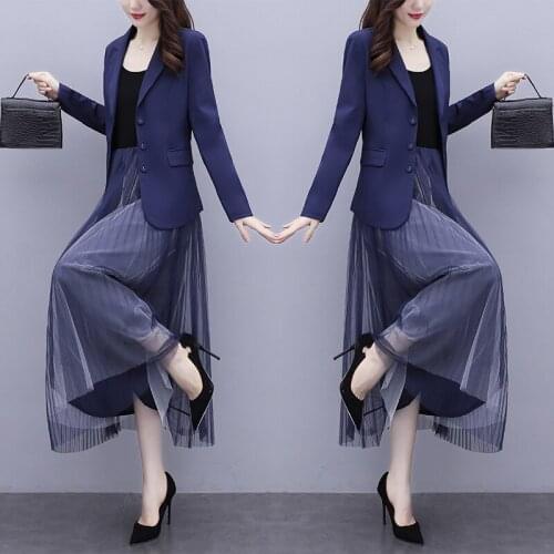 Size womens clothing in the spring of 2021 the new suit collar coat gauze condole posed two piece suit women dress