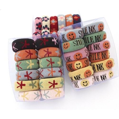 12 PCS/Pack Donut Elastic Hairbands For Girls Printed Letter Smile Hair Bobbles Female Ponytail Holder Women Kawaii Accessories