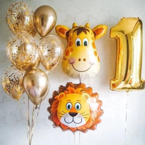 10pcs/set 32inch Gold Foil Number Balloon Mix Big Lion Deer Head Balls Jungle Birthday Party Decor Metal Latex Confetti Balloons