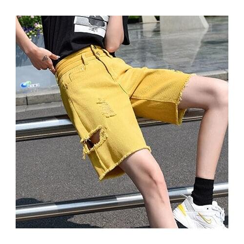 Yellow Denim Capris womens summer loose straight tube middle tube holed middle pants tide pants High Waist Shorts