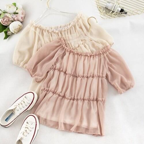 New Women Summer Lantern Sleeve Slash neck Chiffon Shirt Vintage Short Elastic Slim High Waist Ruffle Pullover Layer Blouse Tops