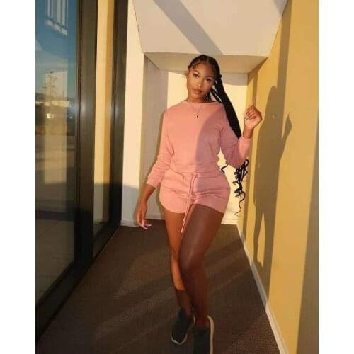 Women Two-piece Sports Running Sets Autumn Solid Color Round Collar Pullover Tops and Drawstring Shorts Female Tracksuits S-2XL