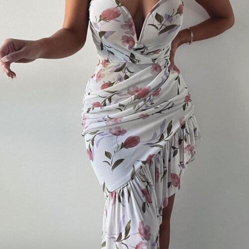 Floral Printed Sexy Strapless Midi Dress Women Ruched Deep V Neck Irregular Ruffles Hem Dresses 2021Summer Mesh See Through Robe