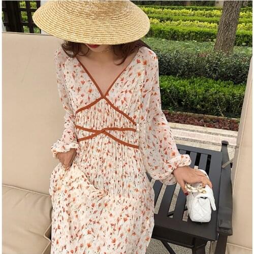 2020New Arrival Women Floral Long Pleated Dress V-neck Long Sleeves Slim Dress Sweet Fairy Temperament Korean Style