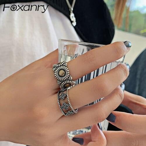 Foxanry INS Fashion 925 Sterling Silver Daisy Rings for Women Vintage Handmade Creative Hollow Geometric Punk Party Jewelry Gift