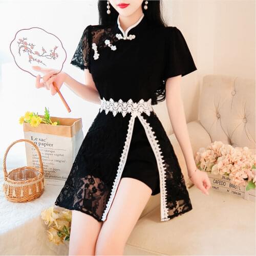 Young modified cheongsam summer short short short dress short two piece set
