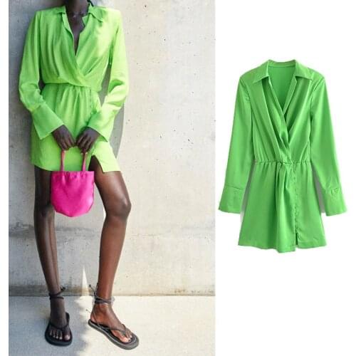 Za Dress 2021 Summer Shirt Dress Women Long Sleeves Belt Padded Short Dress Casual Light Green Mini Shirt Dresses Vestidos Mujer