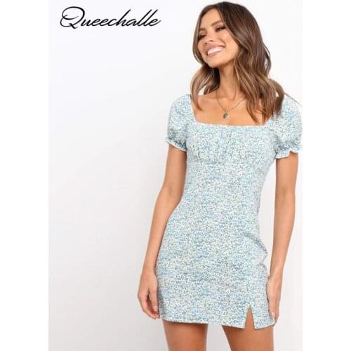 Women Dress Summer 2021 Sundress Vintage Floral Print Boho Beach Dress Light Blue Short Sleeve Slim Mini Dresses for Woman