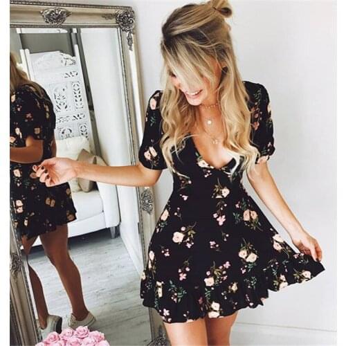 Duzeala Women Mini Boho Floral Dress Summer Beach Short Sleeve V neck Evening Party bohemian beach dress 2021 Summer style