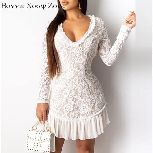 Women Sexy Elegant Open Back Lace Frill Hem Ruched Long Sleeve Dress