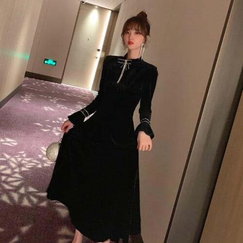 2020 New Famous Brand Dress Women Autumn Winter Flare Long Sleeve Black Velvet Dress Ladies Casual Elegant Vintage Dress Woman