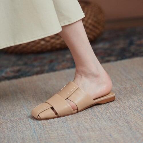 100% Cow Leather Women Slippers Flats Sandals Women Slippers Flat Heel Casual Ladies Shoes Outdoor Female Slides Size 41 42 43