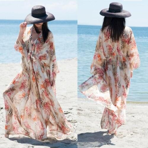 2021 New Beach Cover ups print chiffon Beach Wear Oversize Bikini Cover up Robe Plage Beach Tunic Cardigan Plus Size