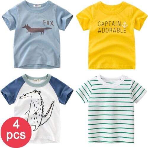 27kids Promotion 4pcs Summer Kids T-shirt Cute Dinosaur Animal Cotton Fabric Breathe Freely For 2-9 Years Children Clothes