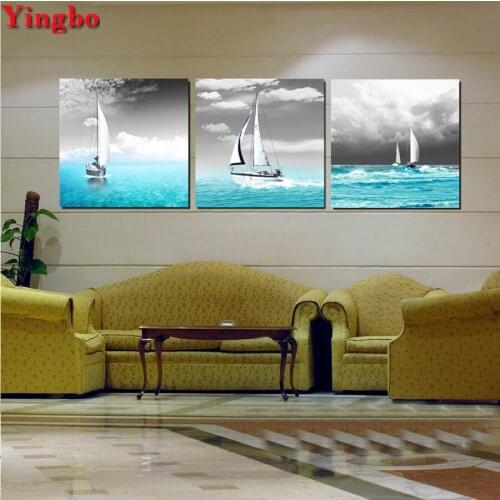 3 Pie ces,Diy Diamond Embroidery Sailing boat Diamond Painting seascape Cross Stitch Full Square Round Diamond Mosaic Kit