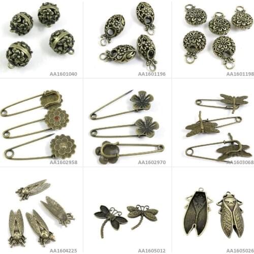 Antique Bronze Tone Jewelry Charms Cicada Cicadidae Dragonfly Safety Pins Brooch Flower Ball Bracelet Pendant Crafting Making
