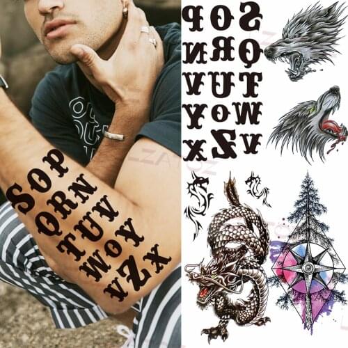 Black Big Letters Temporary Tattoos For Men Women Geometric Dragon Wolf Fake Tattoo Sticker Water Transfer Half Sleeve Tatoos