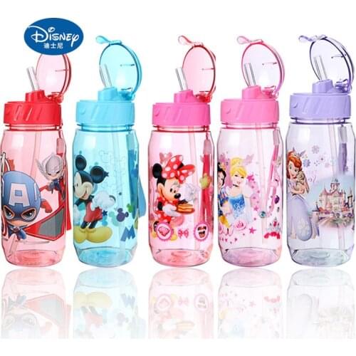 Disney Cup With Straw Minnie Mickey Mouse Sofia Captain Princess Cartoon Sports Out Door Water Bottle 450ML