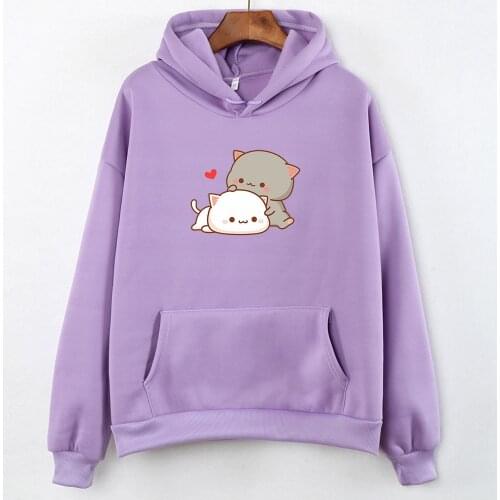 Kawaii Cat Print Heart-shaped Thick Cotton Coat Hoodies Women Harajuku Kpop Pullover Sweatshirts Ladies Cute Female Clothes