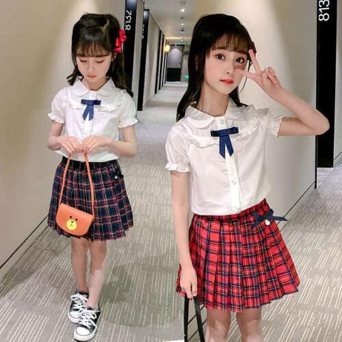 Age For 4 6 8 10 11 12 Year Girls Clothing Set Short Sleeve +Plaid Dress 2Pcs Suit College Style Kids Girls Clothes Outfits