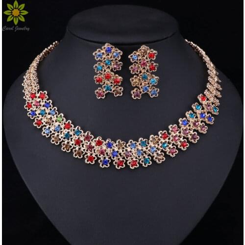 African Costume Jewelry Sets Gold Color Fashion Necklace Earrings For Women Crystal Party Accessories