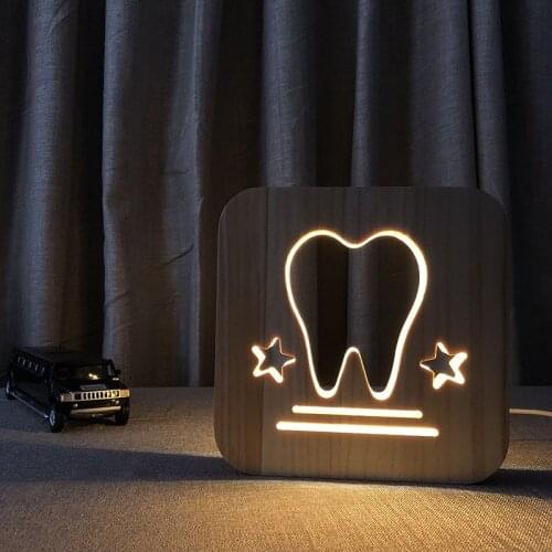 Creative Wood Hollowed-out Tooth Lamp Bedroom Bedside Small Night Light USB Supply Study Wooden LED Table Lamp