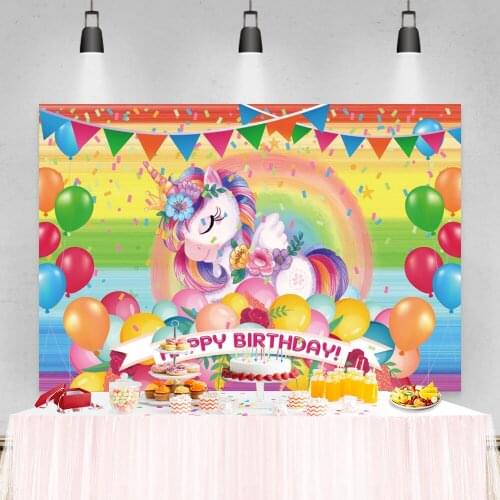Laeacco Birthday Backdrops Rainbow Colors Balloons Pennant Flowers Unicorn Party Photography Backgrounds For Photo Studio Props