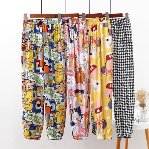 Summer Womens Combed Cotton Seam Beach Pants High-waisted Loose Casual Pants Printed Straight Bloomers