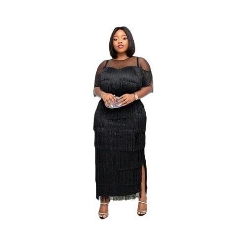 Summer 2021 Fashion Style African Women Short Sleeve Black Color Plus Size Long Dress African Dresses for Women S-5XL