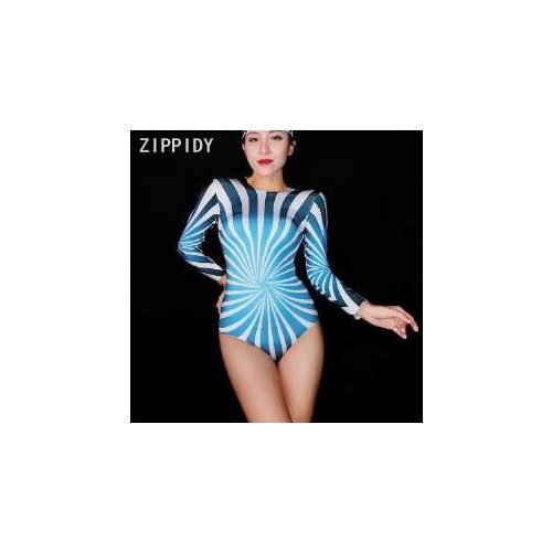 Fashion sexy Blue White Long Sleeves Stretch Bodysuit Womens Prom Party Bodysuit Nightclub Outfit Singer Show Clothes