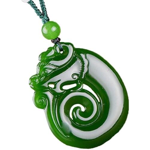 Men Necklace Pendant Green Jades Double-sided Carved Antique Dragon Pendant Free Chain Gift for Female Fashion Jewelry