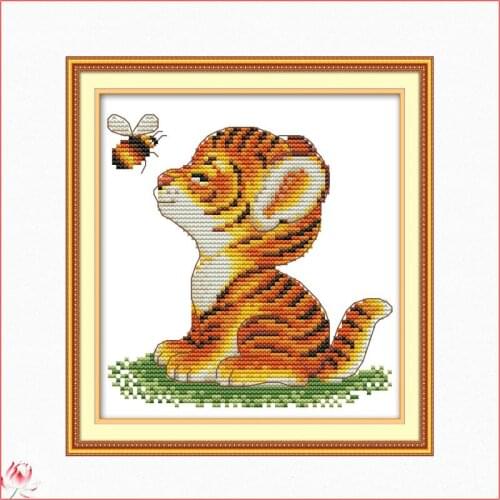 Tiger And Bee Printed Cross Stitch Kit 14ct 11ct Canvas Fabric Embroidery Kit DIY Cartoon Pattern Sewing Set Home Decoration