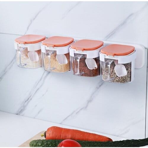 Wall-mounted Non-perforated Seasoning Box with Lid and Spoon Pepper, Monosodium Glutamate, Salt Storage Box