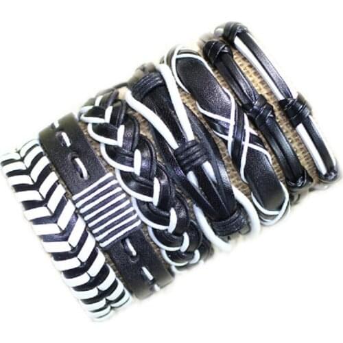Handmade Wholesale 6pcs/lot Multilayer Weave Wrap Hemp&Genuine Charm Black&White leather bracelets-S78