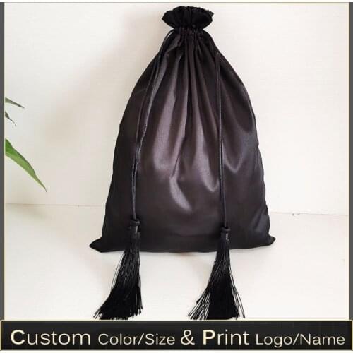 20P 30x40cm Custom Logo Luxury Silk Satin Drawstring Bag With Tassels Hair Extensions Bundles Wigs Makeup Gift Packaging Bags