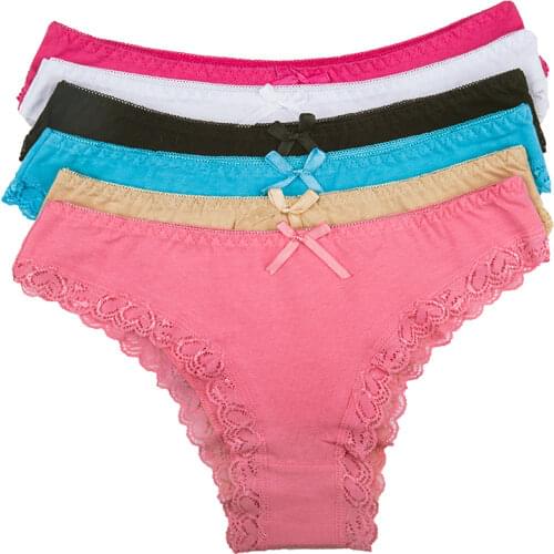 YOUREGINA Sexy Solid Pure Bowknot Underwear Womens Panties Lace Cotton Ladies Briefs Lingerie Intimates s 6pcs/lot M L XL XXL