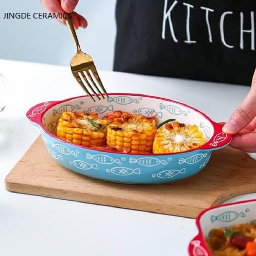 Fish Pattern Modern Creative Ceramic Ovenware Dual Handle Baking Dish Microwave Oven Available Baking Cheese Baked Rice Tool