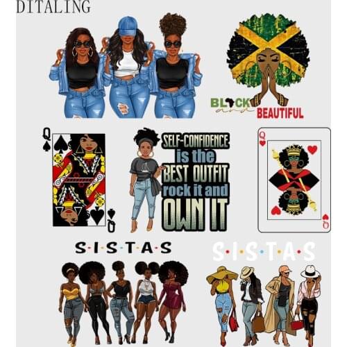 Afro Girl Patch On Clothing Black Women Thermal Stickers On Clothes DIY Sticker On T-Shirt Tops Iron On Transfers Patches Decal