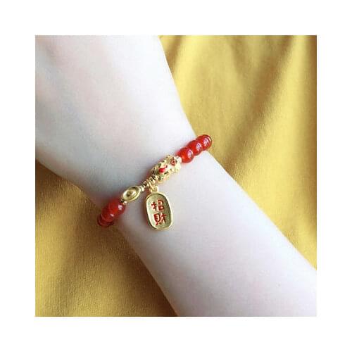 Solid 24K Yellow Gold Lucky Knitted Bracelet 3D Fu Charm with Pixiu Bracelet